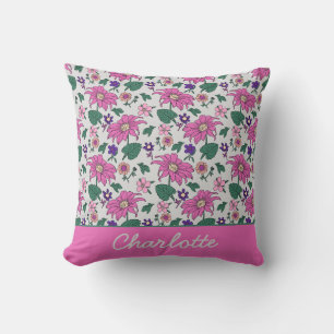 Pink floral seamless pattern personalized name throw pillow