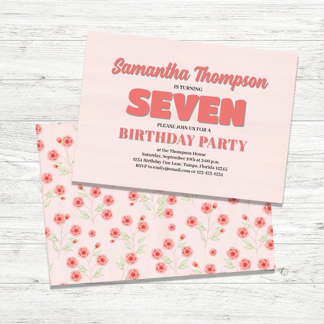 Pink Floral Seventh Birthday Girl Party Template (Seventh Birthday Girl Custom Invitations.)