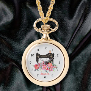 Pink Floral Sewing Machine Necklace Watch