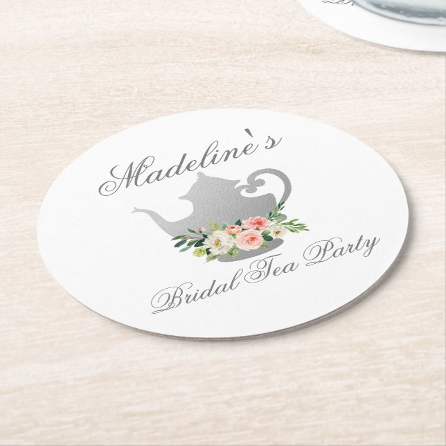 Pink Floral Silver Bridal Shower Tea Party Round Paper Coaster (Angled)