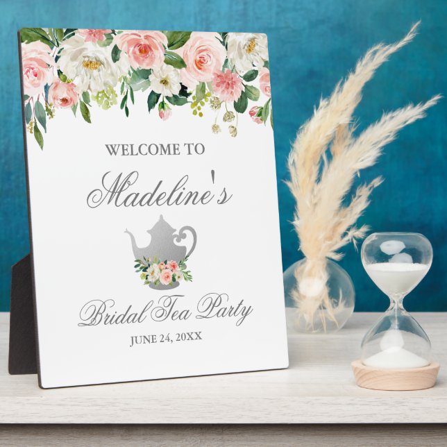 Pink Floral Silver Bridal Shower Tea Party Welcome Plaque (Side)