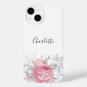 Pink floral silver foliage white name elegant Case-Mate iPhone 14 case