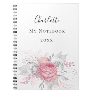 Pink floral silver foliage white name elegant notebook
