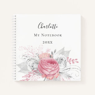 Pink floral silver foliage white name elegant notebook