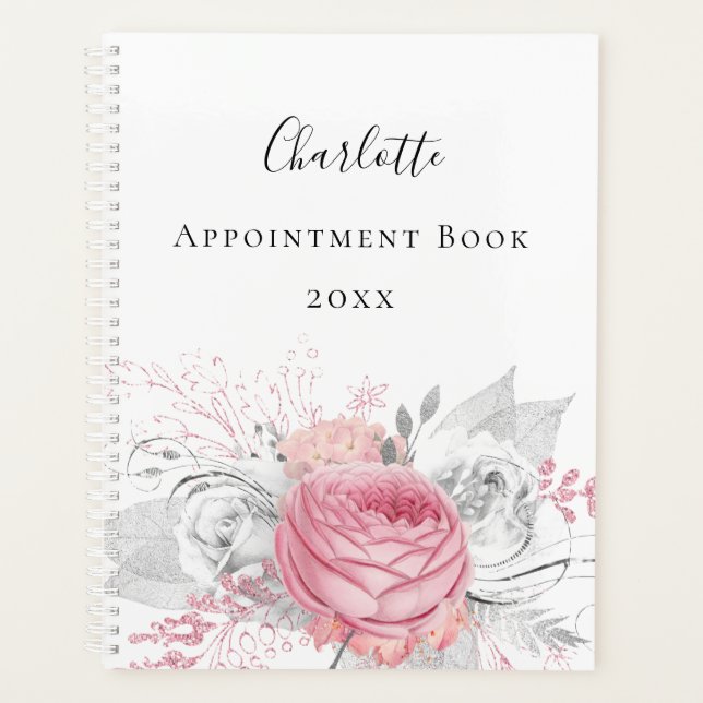 Pink floral silver foliage white name script 2022 planner (Front)