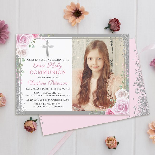 Pink Floral Silver Girl First Holy Communion Photo Invitation (Creator Uploaded)