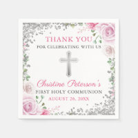 Pink Floral Silver Glitter First Holy Communion