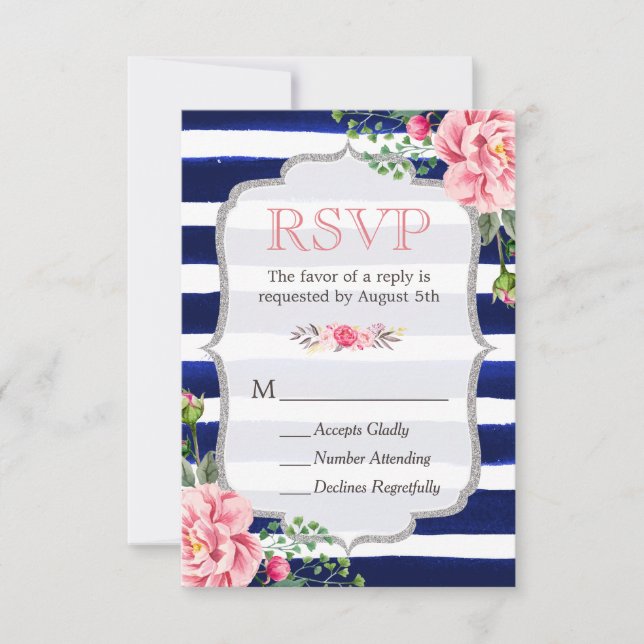 Pink Floral Silver Glitter Navy Blue Stripes RSVP (Front)