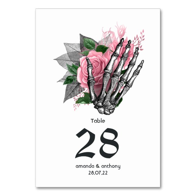 Pink Floral Skeleton Gothic Wedding Table Number (Front)