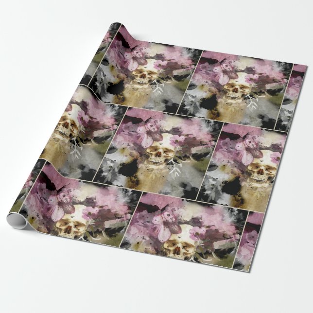 Pink Floral Skull Abstract Wrapping Paper (Unrolled)