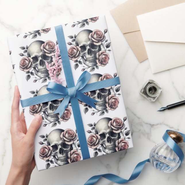 Pink Floral Skull Gothic Black Line Art Wrapping Paper (Gifting)