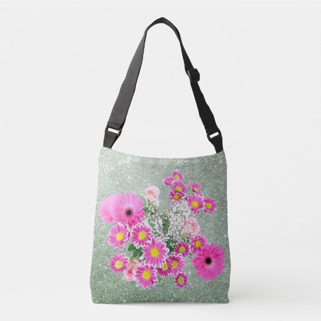 Pink Floral Soft Green Faux Glitter Crossbody Bag (Front)