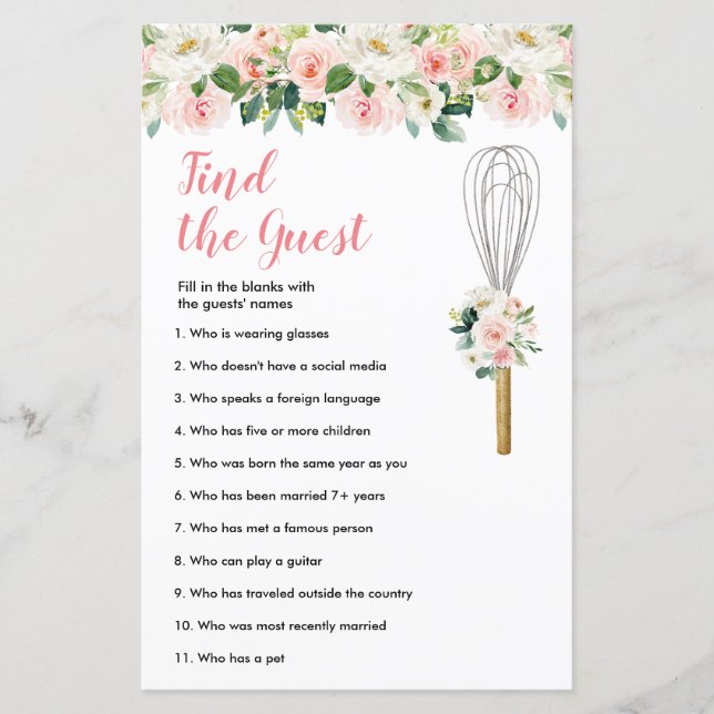 Pink Floral Soon to be Whisked Find the Guest game (Front)
