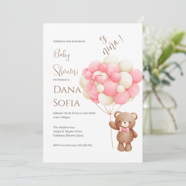 Pink floral Spanish Baby Shower Girl invitation (Standing Front)
