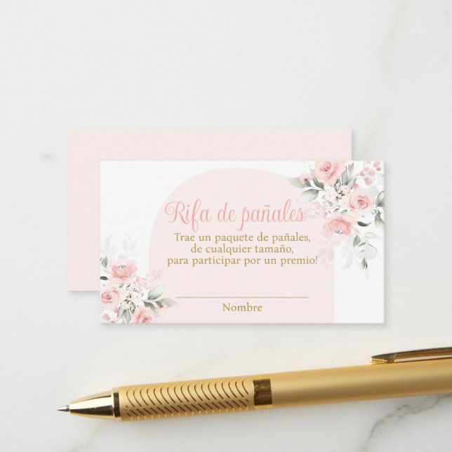 Pink Floral Spanish Diaper Raffle Baby Shower Girl Enclosure Card (Front/Back In Situ)