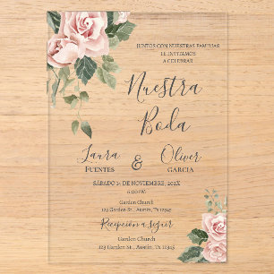Pink Floral Spanish Wedding Acrylic Invitations