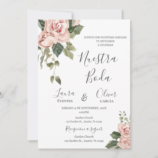 Pink Floral Spanish Wedding Invitation (Front)
