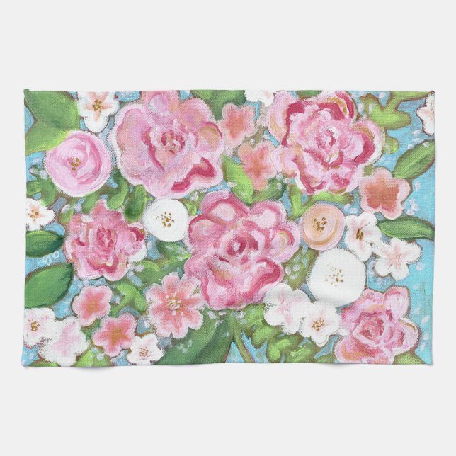 Pink Floral Spring Blooms Kitchen Towel (Horizontal)