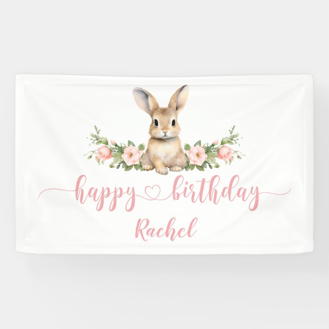 Pink Floral Spring Bunny Happy Birthday Banner (Horizontal)
