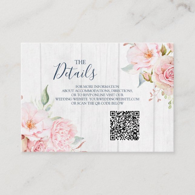 Pink Floral Spring Wedding QR code Details Insert (Front)