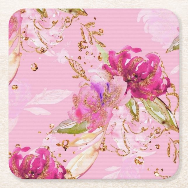 Pink floral  square paper coaster (Front)