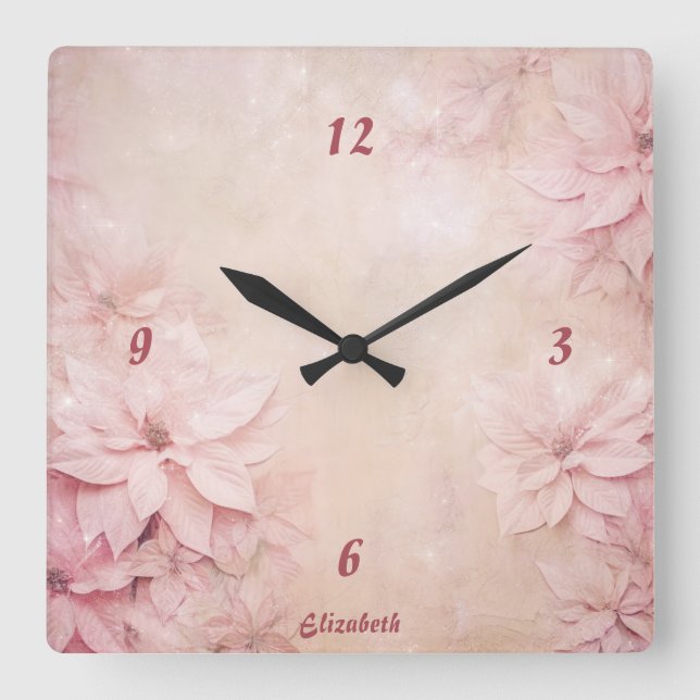 Pink Floral  Square Wall Clock (Front)