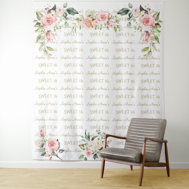 Pink Floral Step Repeat Sweet Sixteen Photo Prop Tapestry (In Situ)
