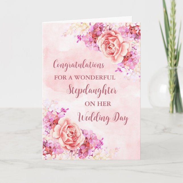 Pink Floral Stepdaughter Wedding Congratulations Card (Front)