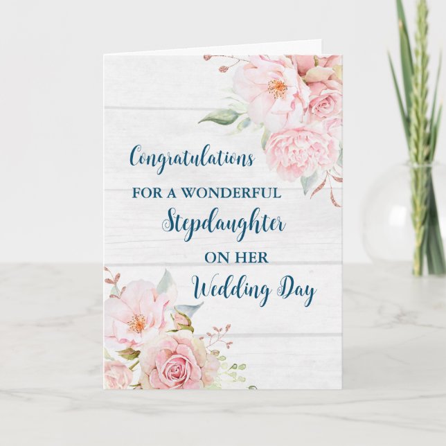 Pink Floral Stepdaughter Wedding Congratulations Card (Front)