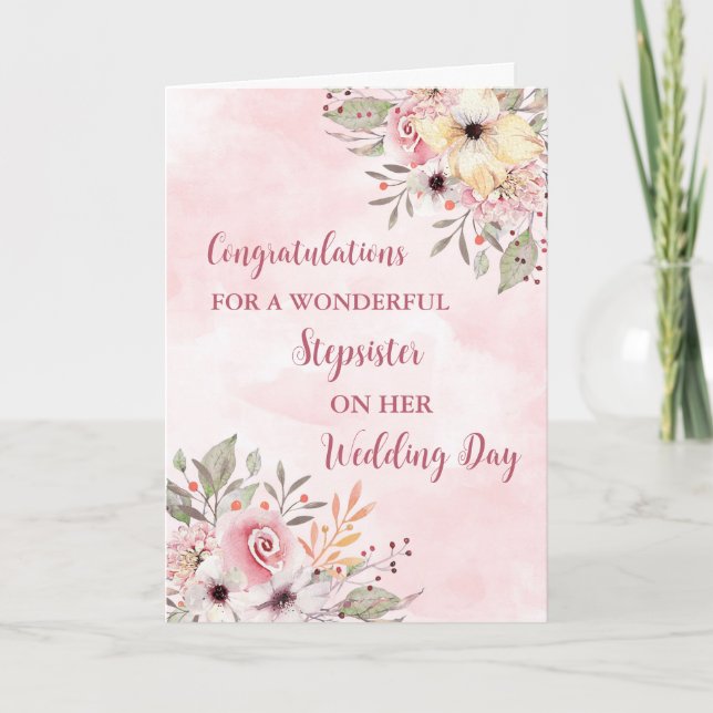 Pink Floral Stepsister Wedding Congratulations Card (Front)