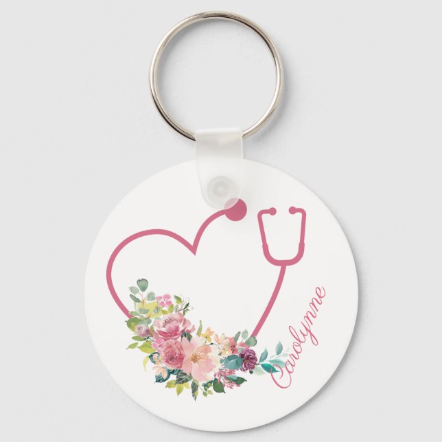Pink Floral Stethoscope Heart Caregiver Nurse Keychain (Front)