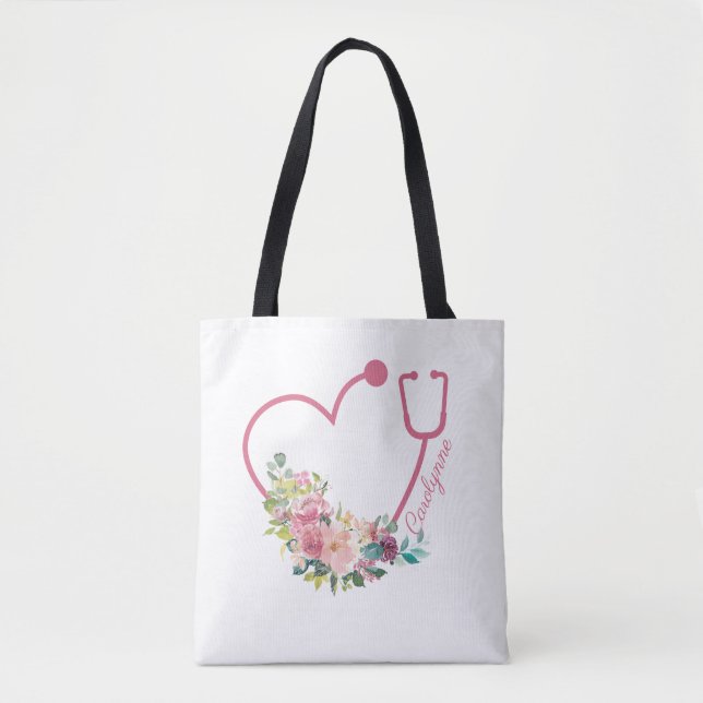 Pink Floral Stethoscope Heart Caregiver Tote Bag (Front)