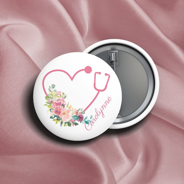 Pink Floral Stethoscope Heart Medical Nurse 2 Inch Round Button (Creator Uploaded)