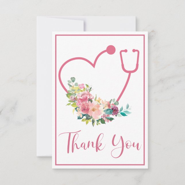 Pink Floral Stethoscope Heart Thank You Card (Front)