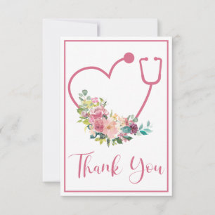 Pink Floral Stethoscope Heart Thank You Card
