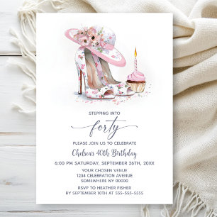 Pink Floral Stiletto Shoes 40th Birthday Party Invitation