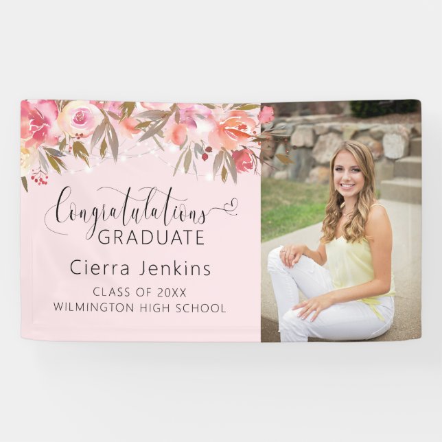 Pink Floral String Light Graduation Banner (Horizontal)