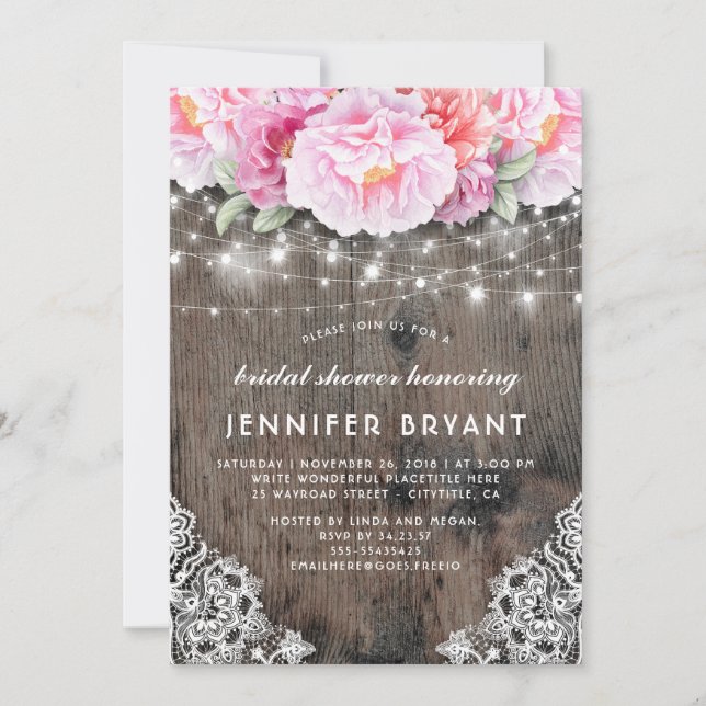 Pink Floral String Lights Rustic Bridal Shower Invitation (Front)