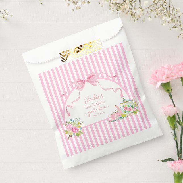 Pink Floral Stripe Let's Par-tea Birthday Favour Bag (Sealed)
