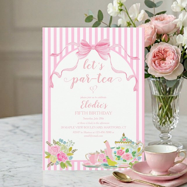 Pink Floral Stripe Let's Par-tea Birthday Invitation (lets par-tea pink bow coquette parisian stripe floral girls birthday tea party invitation)