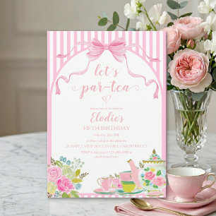 Pink Floral Stripe Let's Par-tea Birthday Invitation