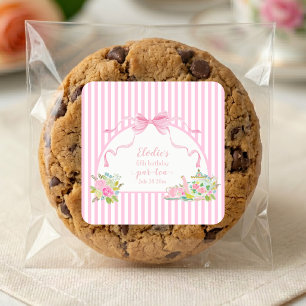 Pink Floral Stripe Let's Par-tea Birthday Square Sticker