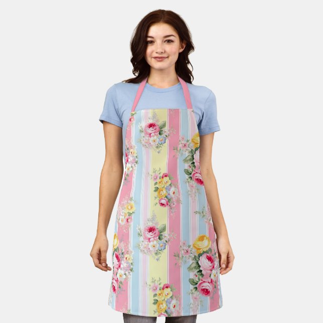Pink Floral Striped Apron (Worn)