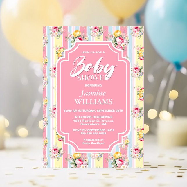 Pink Floral Striped Baby Shower Invitation (Creator Uploaded)
