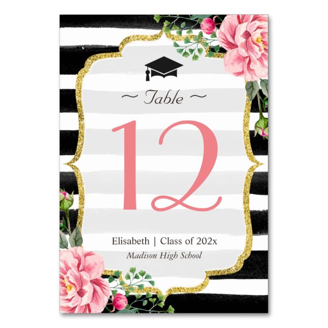 Pink Floral Striped Graduation Table Number (Front)