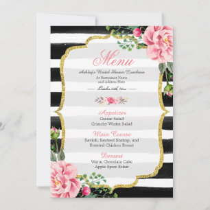 Pink Floral Stripes   Bridal Shower Luncheon Menu Invitation