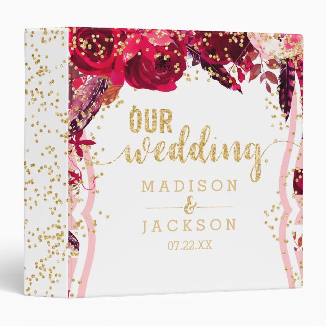 Pink Floral Stripes & Gold Wedding Photo Album Binder (Front/Spine)
