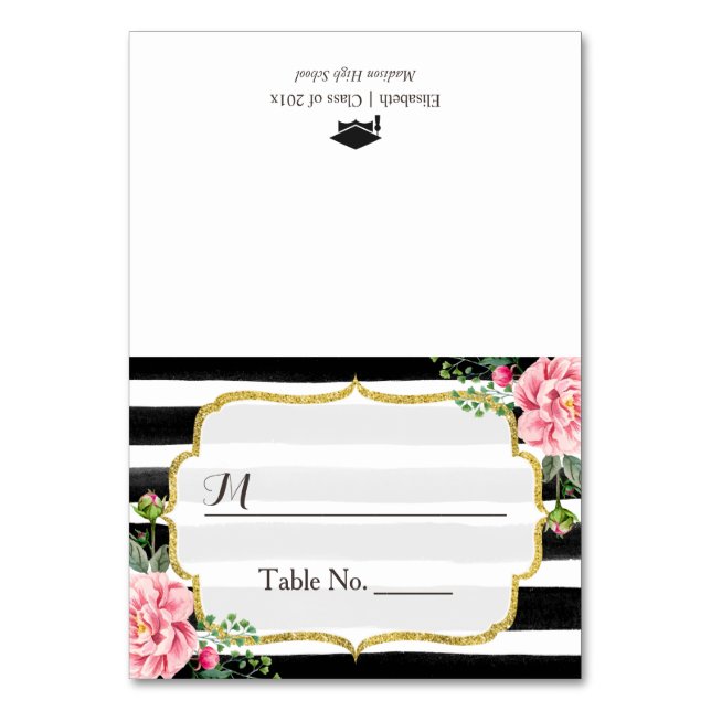 Pink Floral Stripes Graduation Seating Place Table Number (Front)