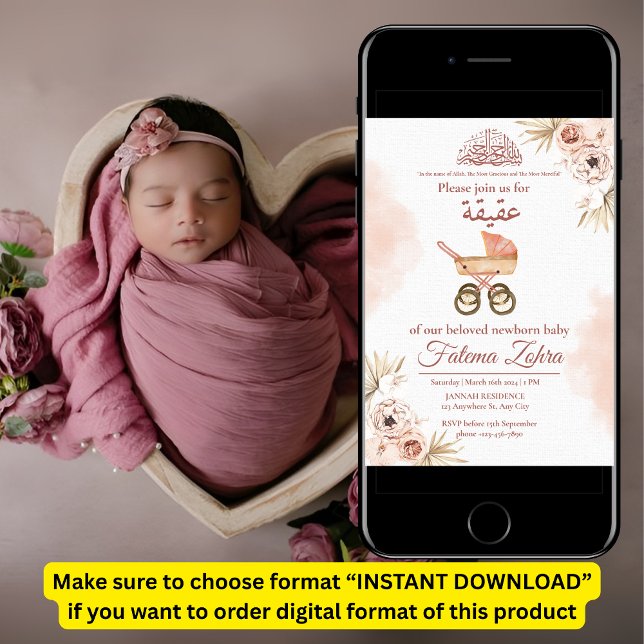 Pink Floral Stroller Baby Girl Muslim Aqiqah  Invi Invitation (Creator Uploaded)