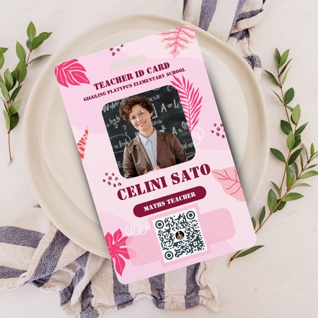 Pink Floral Style Homeschool ID Card Badge (Pink Floral Style Homeschool ID Card with QR Code and Photo Badge)